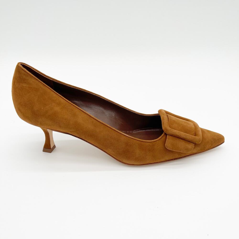 Manolo Blahnik Maysale Camel Tan Suede Buckle Pointed Toe Kitten Heels IT 40.5 - Picture 2 of 10